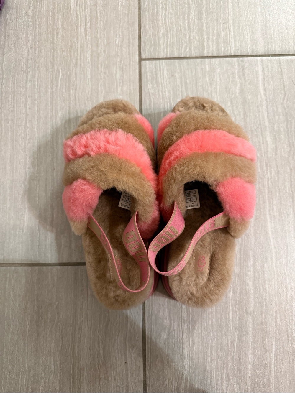 UGG Pink and Tan Fuzzy Slide Sandals